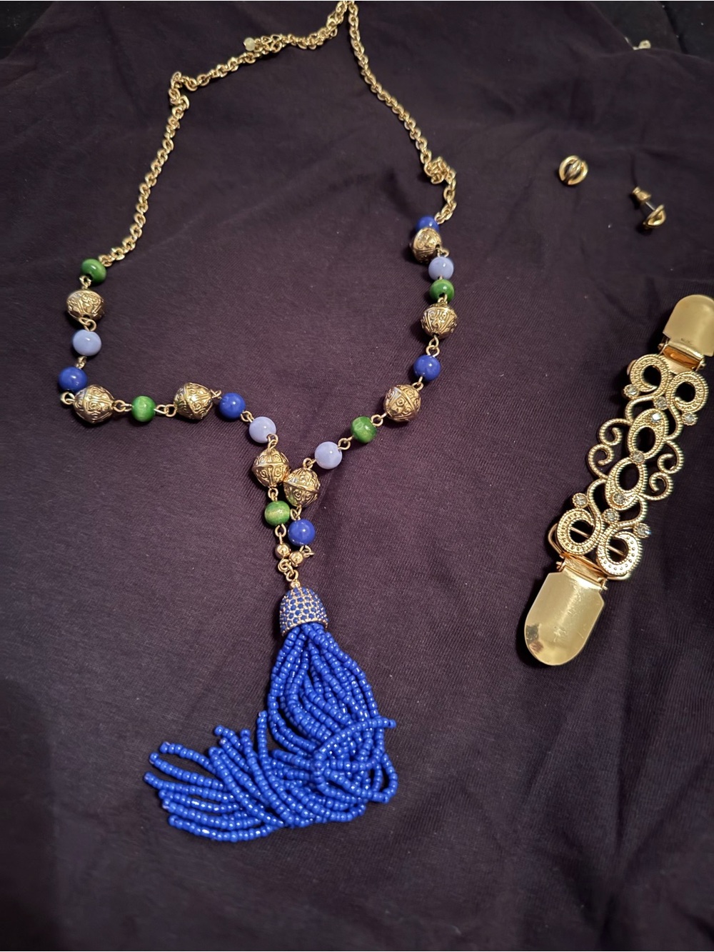 Gold-Plated Beaded Tassel Necklace with Blue, Green & Lavender Beads
